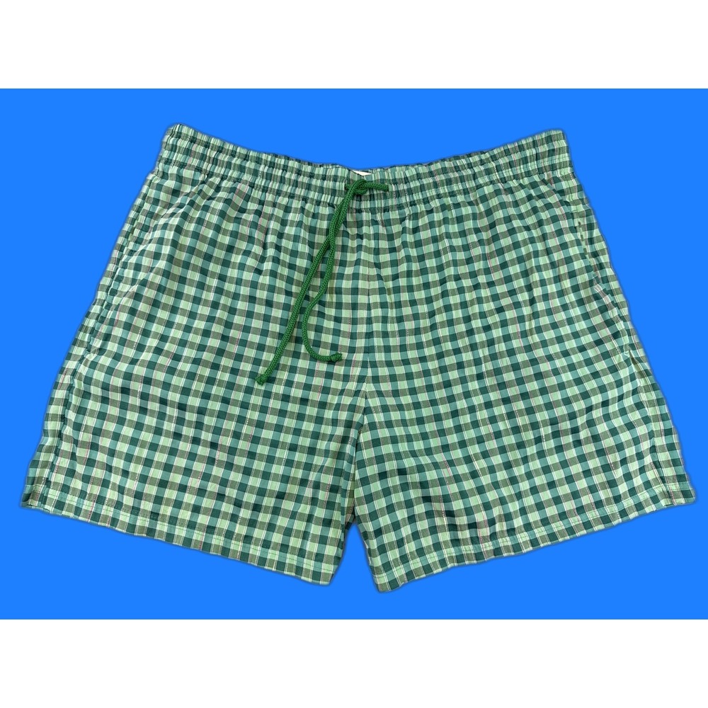 Barneys New York Plaid Swim Trunks M Green Cotton Blend Elastic Waist